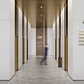 Modern Office Elevator Hallway on 12F with White Walls Gold Ceiling and Company Signs