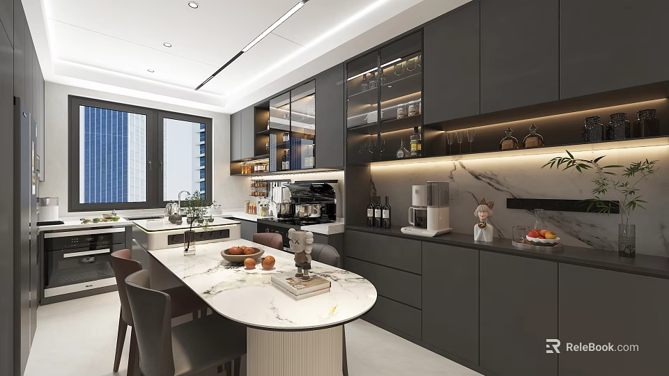 Modern Open Kitchen Interior With Marble Island Dark Cabinets And Dining Table 3d model 