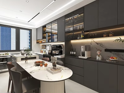 Modern Open Kitchen Interior With Marble Island Dark Cabinets And Dining Table 3d model