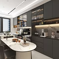 Modern Open Kitchen Interior With Marble Island Dark Cabinets And Dining Table