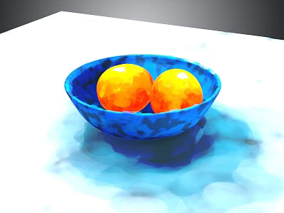 Blue Patterned Bowl With Two Fresh Oranges On White Marble Table 3d model