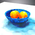 Blue Patterned Bowl With Two Fresh Oranges On White Marble Table