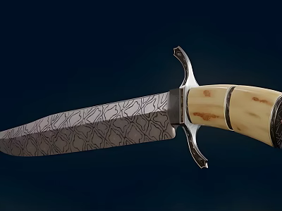 Handcrafted Tactical Knife With Patterned Damascus Blade And Light Colored Handle Metal Accents 3d model