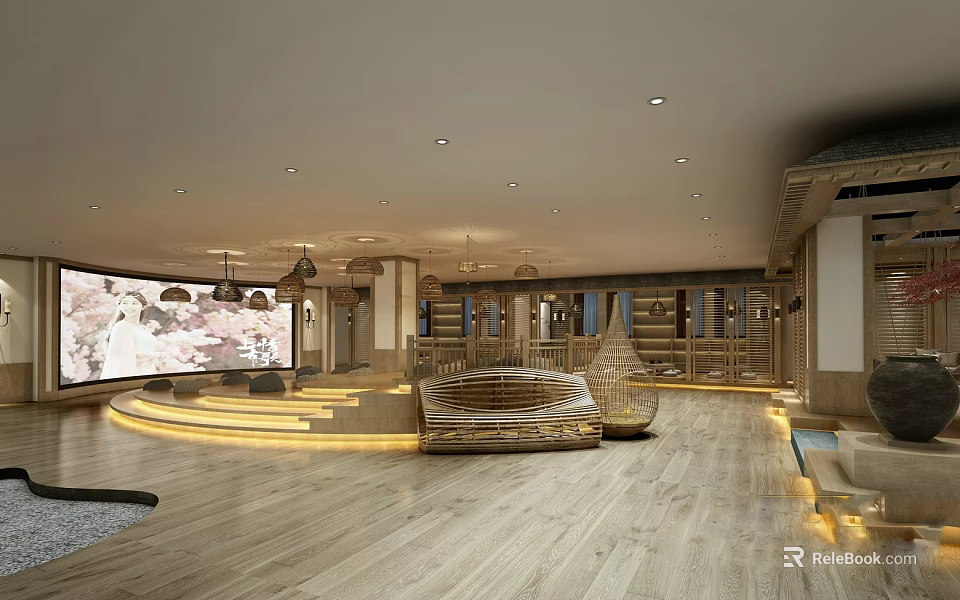 Elegant Clubhouse Interior Featuring Wooden Flooring Lounge Area And Warm Lighting Design 3d model 