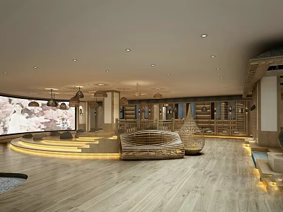 Elegant Clubhouse Interior Featuring Wooden Flooring Lounge Area And Warm Lighting Design 3d model