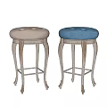 Light Gray And Blue Upholstered Tufted Bar Stools With Silver Carved Legs