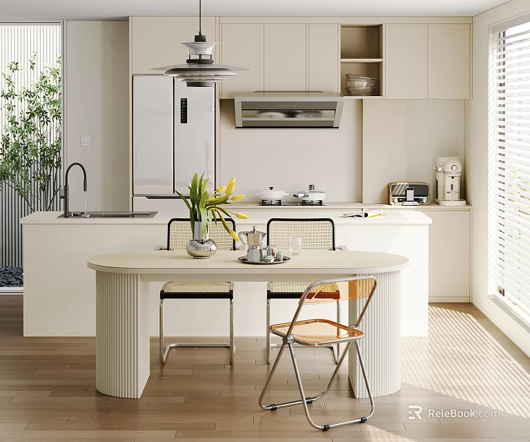 Modern Restaurant Kitchen With White Cabinets Round Dining Table Chairs Natural Light And Blinds 3d model 