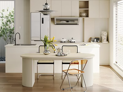 Modern Restaurant Kitchen With White Cabinets Round Dining Table Chairs Natural Light And Blinds 3d model