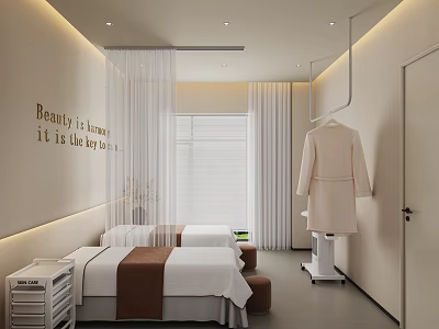 Cozy Beauty Salon Room With White And Brown Bed Linens Curtains Robe And Wall Text 3d model