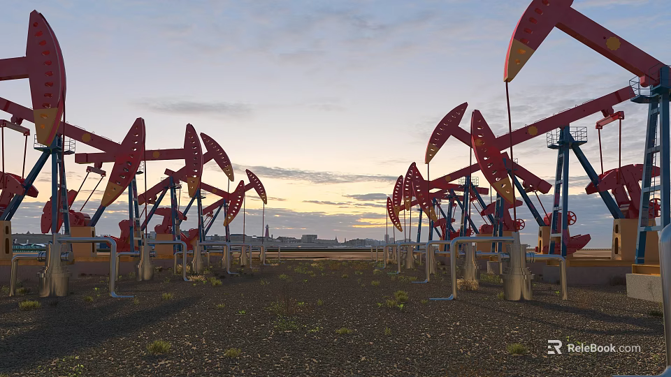 Multiple Heavy Duty Oil Pumpjack Units Arranged On Open Oilfield Site Under Beautiful Sunset Sky 3d model 