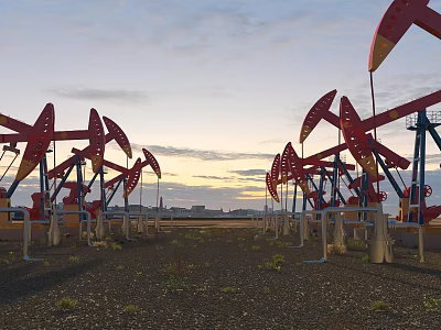 Multiple Heavy Duty Oil Pumpjack Units Arranged On Open Oilfield Site Under Beautiful Sunset Sky 3d model