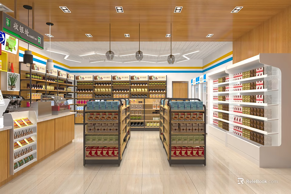 Bright Modern Supermarket Interior With Neatly Arranged Shelves And Various Daily Products 3d model 