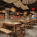 Traditional Hotpot Restaurant Interior With Wooden Tables Red Lanterns And Classic Decorations