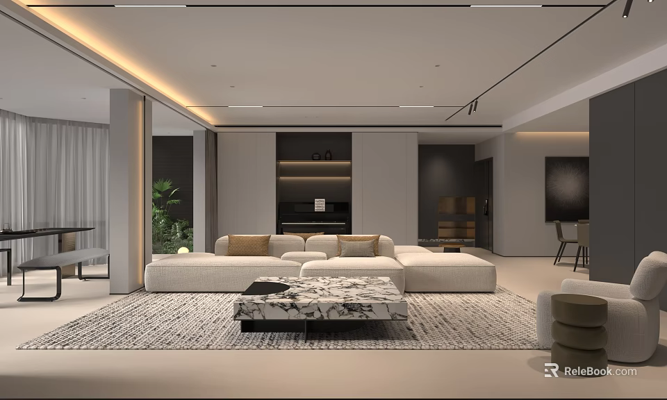 Modern Minimalist Open Plan Living And Dining Room With Cozy Sofa And Marble Coffee Table 3d model 
