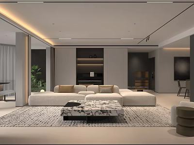 Modern Minimalist Open Plan Living And Dining Room With Cozy Sofa And Marble Coffee Table 3d model