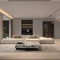 Modern Minimalist Open Plan Living And Dining Room With Cozy Sofa And Marble Coffee Table