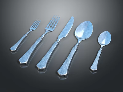 Elegant Silver Stainless Steel Cutlery Set With Forks Knives And Textured Handle Spoons 3d model