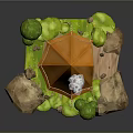 Cartoon Scene Featuring Orange Tent With Smoking Chimney Green Plants Rocks And Wooden Pathway