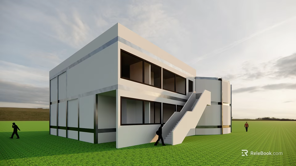 Modern White Building With Large Glass Windows External Staircase And Green Lawn 3d model 
