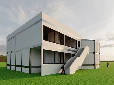 Modern White Building With Large Glass Windows External Staircase And Green Lawn 3d model