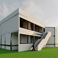 Modern White Building With Large Glass Windows External Staircase And Green Lawn