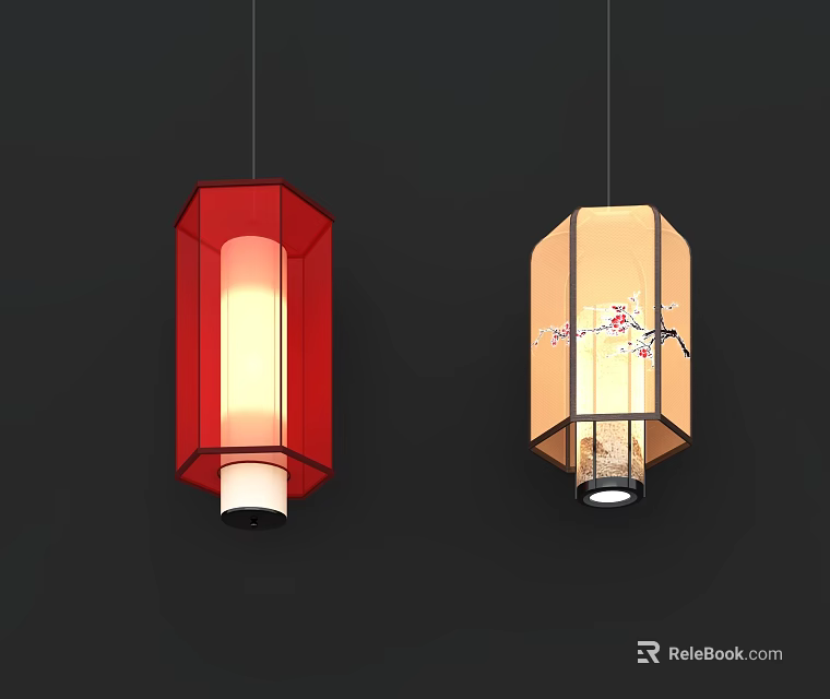 Traditional Chinese Octagonal Pendant Lights Red And Beige With Plum Blossom Design 3d model 