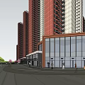 Modern Residential Entrance Gate With High Rise Buildings Steps And Water Pool