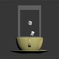 Hot Chocolate Drink In Yellow Cup With Falling Sugar Cubes And Small Spoon