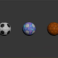 Three Stylish Household Balls With Black White Soccer Colorful Patterned And Orange Hexagonal Designs