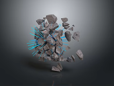 Wood Stone Sphere Composed of Fragmented Rocks in Floating State with Blue Radiant Lines 3d model