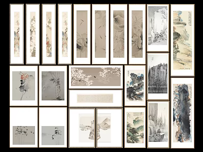 Traditional Chinese Framed Paintings With Various Floral And Landscape Artworks 3d model