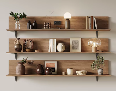 Decorative Ornaments Set on Wooden Shelves With Green Plants Vases Books Lamps and Photo Frames 3d model