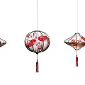 Traditional Chinese Hanging Lanterns With Red Patterns And Decorative Tassels