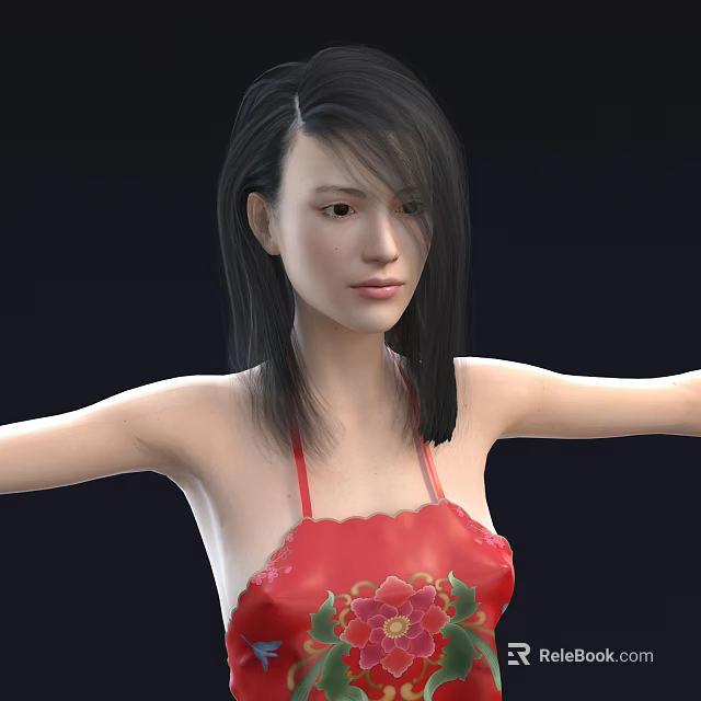 Woman in red floral halter dress with arms outstretched against black background 3d model 