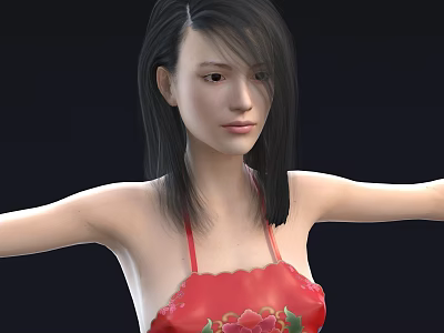Woman in red floral halter dress with arms outstretched against black background 3d model