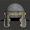 Ancient Roman Protective Weapon Helmet With Metallic Body And Gold Decorative Accents