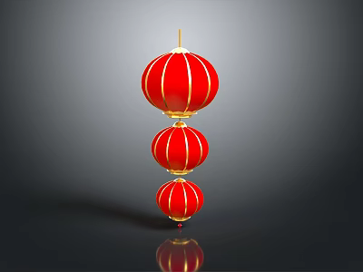 Red Lanterns Three Vertically Hanging with Golden Trim and Reflection on Dark Background 3d model