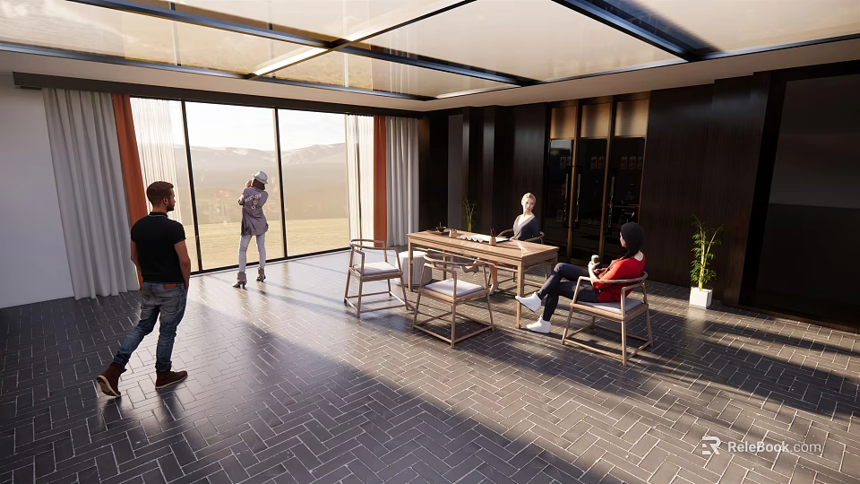 Modern Clubhouse Interior Design With Spacious Layout Large Windows And Wooden Furniture 3d model 