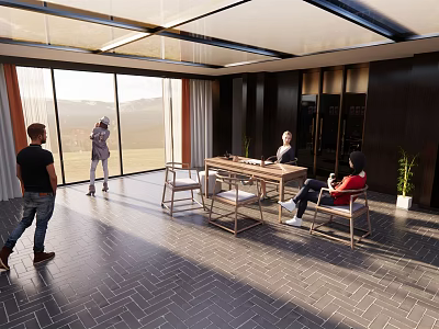 Modern Clubhouse Interior Design With Spacious Layout Large Windows And Wooden Furniture 3d model