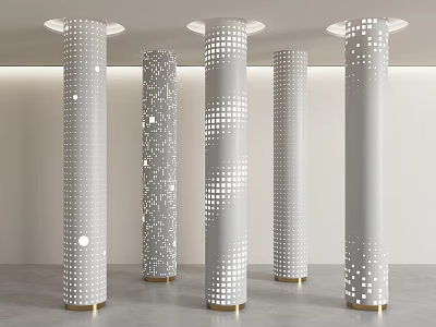 Modern White Columns with Various Dot Patterns and Golden Bases Under Ceiling Lights 3d model