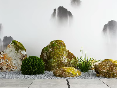 Serene Zen Courtyard Garden With Moss Covered Rocks Green Shrubs Pebbles And Misty Mountain Backdrop 3d model