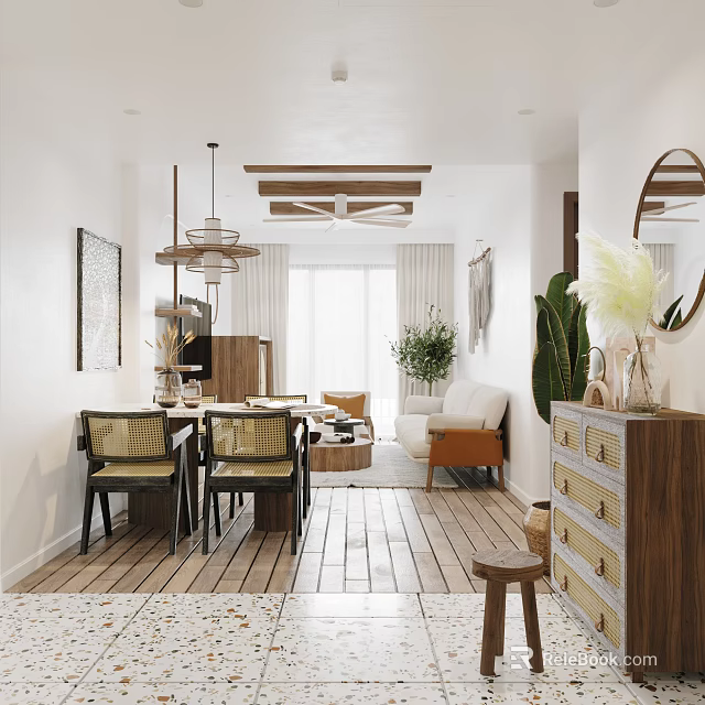 Modern Dining and Living Room Space with Wooden Table Sofa Pendant Lights and Green Plants 3d model 