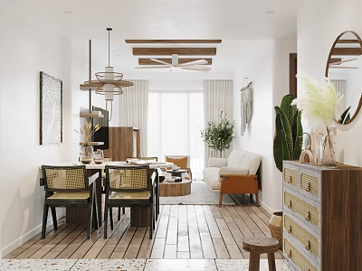 Modern Dining and Living Room Space with Wooden Table Sofa Pendant Lights and Green Plants 3d model