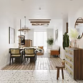 Modern Dining and Living Room Space with Wooden Table Sofa Pendant Lights and Green Plants