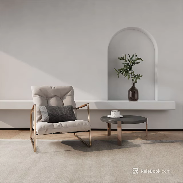 Modern Leisure Chair With Gray Cushion Metal Frame By Arched Niche Potted Plant Small Table 3d model 