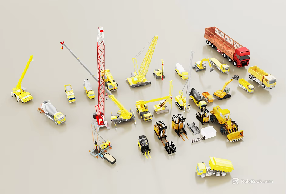 Various Construction Utility Vehicles Including Yellow Cranes Trucks And Excavators Models Collection 3d model