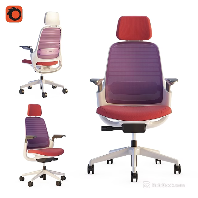 Modern Office Desk Chair Set With Ergonomic Mesh Back And Red Purple Padded Seat 3d model 