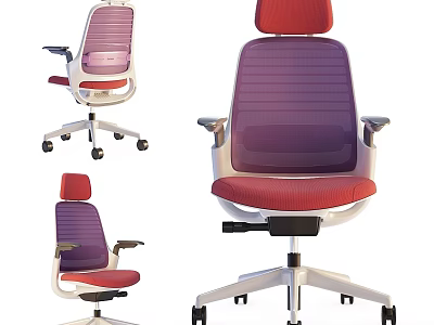 Modern Office Desk Chair Set With Ergonomic Mesh Back And Red Purple Padded Seat 3d model