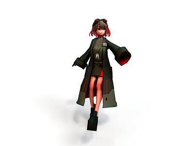 Anime Style Female Character in Black Robe with Red Accents and Twin Tails Standing Pose 3d model