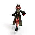 Anime Style Female Character in Black Robe with Red Accents and Twin Tails Standing Pose